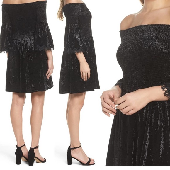 Kobi Halperin Strapless Smocked Crushed Velvet Black Lace Sleeve Dress Small NWT - Picture 15 of 17